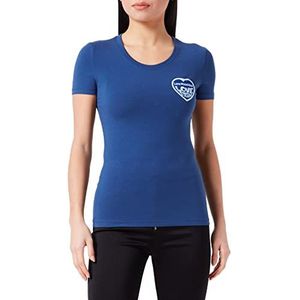 Love Moschino Dames T-Shirt Love Storm Knit Effect Heart Patch Logo Short Sleeve Blue, 42, Blauw