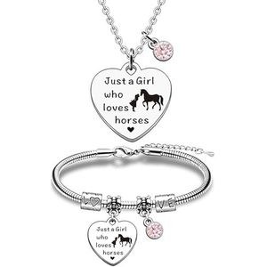 GoPaw Paardenketting Paard Armband Set Paarden Geschenken voor Meisjes Sieraden Set Meisjes Zilveren Ketting Sieraden Voor Vrouwen Vriend, Stof Roestvrij staal