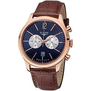 Elysee Heritage II Herenhorloge met leren band en chronograaf, Roze-bruin/blauw goud, Riemen