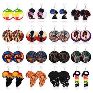 Kakonia 16 stuks Afrikaanse oorbellen voor dames, clip op oorbellen, Afrikaans, hout, etnische stijl, koningin, print, druppels, haakje, oormanchet voor dames, Hout rvs