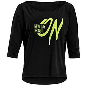 WINSHAPE Mcs001 Ultra licht modal-3/4-arm shirt met neongeel, 'New Day Bring It on' glitter-print, dames yoga-shirt, zwart neon geld-glitter