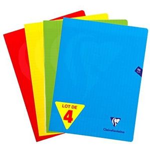 Clairefontaine Mimesys, 293361AMZC, geniete notitieboekjes, 24 x 32 cm, 96 pagina's grote ruitjes, wit papier 90 g, polypropyleen omslag (blauw, rood, geel, groen), 4 stuks