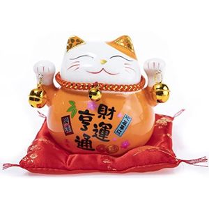 lachineuse - Kat Maneki Neko – Japanse geluksspaarpot – Aziatische tradities – kleur oranje – porselein – decoratie-idee en cadeau Japan Azië – bescherming, geluk en geluk