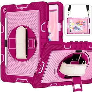 Beschermhoes voor iPad Mini 6e generatie, schokbestendig, met standaard, 360 graden draaibare polsband en draagriem (roze roze)