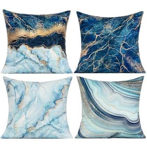 Set van 4 fluwelen sierkussenhoezen, goudkleurig, gemarmerd, voor bank, slaapkamer, 40,6 x 40,6 cm, marineblauw