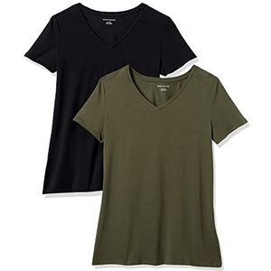 Amazon Essentials Dames-T-shirt met V-hals en korte mouwen, klassieke pasvorm, olijf/zwart, maat M
