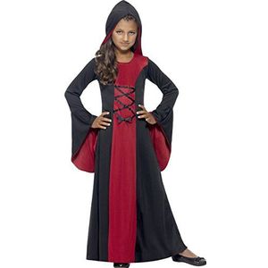 Smiffys vamp kostuum, rood zwart met jurk met capuchon, kanten detail