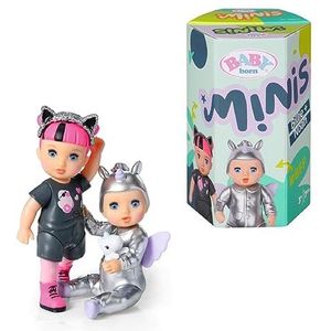 BABY born Minis Online 906057 4 stuks 6,5 cm poppen in metallic kostuum en 7 cm pop met afneembare hoofdband, geschikt voor kinderen vanaf 3 jaar