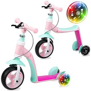 MoMi Elios 2-in-1 fietsstep, balansfiets en scooter, voor kinderen tot 25 kg, stuurwielinstelling, stille wielen, remzadel, roze