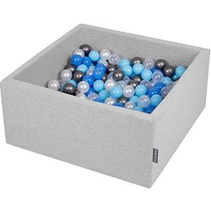 KiddyMoon Ballenbad voor baby's en peuters, vierkant 90 cm x 40 cm hoog, 200 ballen met een diameter van 7 cm, kleurrijke ballen, lichtgrijs: parel, blauw, babyblauw, transparant, zilver