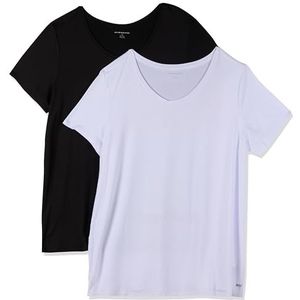Amazon Essentials Dames Tech Stretch T-shirt met korte mouwen en V-hals (verkrijgbaar in grote maten), zwart/wit, maat XS