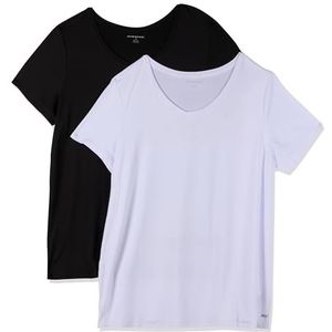 Amazon Essentials Dames Tech Stretch T-shirt met korte mouwen en V-hals (verkrijgbaar in grote maten), zwart/wit, maat XS