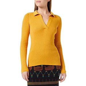 NA-KD Pique Collar Knitted Long Sleeve Top Dames Shirt, gouden mosterd