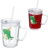 Relaxdays drinkglazen - set van 2 - dinosaurus - limonadeglazen - deksel - kinderen