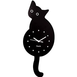 Fisura - Zwarte kat wandklok. Stille niet-tikkende wandklok. Zwarte wandklok. Houten klok. 46 x 8 cm. 1 AA-batterij