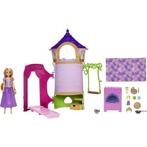 Disney Princess es Rapunzel-toren set met beweegbare pop, Pascal figuur, 360° toren, 6 speelplaatsen en 15 accessoires, kinderspeelgoed, vanaf 3 jaar, HMV99