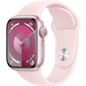 Apple Watch Series 9 (41 mm GPS) Smartwatch met roze aluminium behuizing en lichtroze sportarmband (S/M). Track fysieke activiteit en zuurstof in het bloed en ECG, waterbestendig, altijd actief