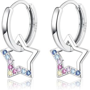 JeweBella Oorbellen voor kinderen, meisjes, 925 zilver, kleurrijk, zirkonia, kleine creolen met schattige sterhanger, oorbellen met ster, voor kinderen, dames, Sterling zilver