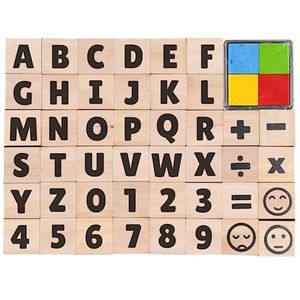 Mini-stempel van hout, letters en cijfers + 1 stempelkussen, 4 kleuren, 2 x 2 x 2 cm, 44 stuks