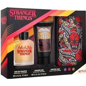 NETFLIX Stranger Things cadeauset met eau de toilette 100 ml, douchegel 150 ml en toilettas - krachtige mannelijke geur geïnspireerd op de Netflix-serie