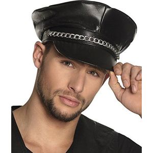 Boland 82001 - Rocker muts in lederlook, zwart, uniseks, met schakelketting, hoed, hoofddeksel, kostuum, carnaval, themafeest