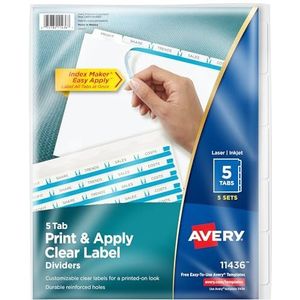 Avery 11436 tabbladen met 5 tabbladen voor mappen, eenvoudig te bedrukken en aan te brengen