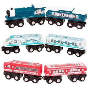 Battat BT2637Z - 3 sets treinen: locomotieven en wagons (6 stuks) magnetisch van hout - vanaf 3 jaar - compatibel met de trein van Thomas - 1 blauw - 1 wit - 1 rood - 10,8 x 3,18 x 4,45 cm