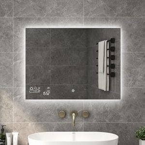 Slimme badkamerspiegel met weersvoorspelling, LED-badkamerspiegel met ontwaseming / ontwaseming Verlichte make-upspiegel met tijd, aanraakschakelaar - horizontale wandspiegel - 80x60cm