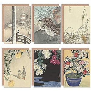 Ohara Koson wenskaarten Japanse azalea chrysanten cuckoo grasshoppers quail sneeuw 6 stuks