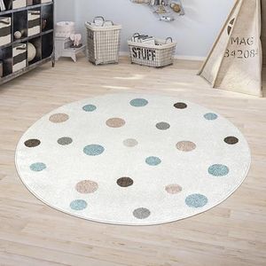 Jimri Kindertapijt Stippen l met stippen l Öko-Tex Label | Kleur : Beige, Blauw, Roze | Kinder-/Jeugdkamer (wit, Ø 120 cm rond)