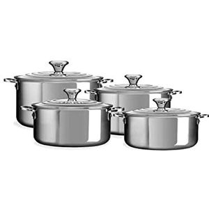 Le Creuset Signature 4-delige keukenset van roestvrij staal, 3-laags, 3 stoofschotels (Ø 18/20/24 cm), 1 lage braadpan (Ø 20 cm), 96605400000000