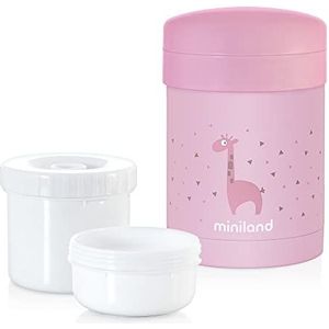 Miniland 89227 - Roestvrijstalen vlinderfles voor baby's met twee luchtdichte binnenruimtes, 700 ml vaste voedselthermoskan met twee containers, roze