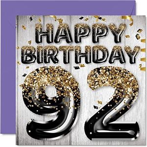 Stuff4 Verjaardagskaart voor heren, 92 jaar, glitterballonnen, zwart en goud, verjaardagskaarten voor mannen 92 jaar, papa, opa, opa, opa, oma, 145 mm x 145 mm