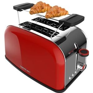 Cecotec Toastin' time 850 Red verticale broodrooster. 850 W vermogen, dubbele korte sleuf en brede sleuf 3,8 cm, bovenste stangen, roestvrij staal, automatische uitschakeling en pop-up kruimelzuiger