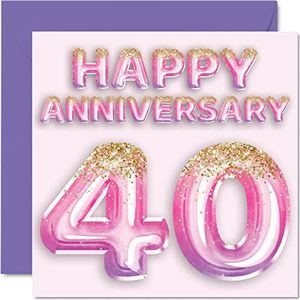 Schattige robijnverjaardagskaart voor vrouwen vriendin echtgenoot vriend glitter ballonnen roze paars - wenskaarten voor de 40e verjaardag van de familie, 145mm x 145mm