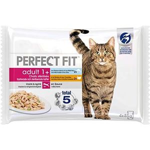PERFECT FIT Voedsel voor volwassen katten, gesteriliseerd, 52 versheidszakjes (13 verpakkingen van 4 x 85 g) – kattenvoer in saus – kalkoen/oceaanvis – compleet en uitgebalanceerd voer