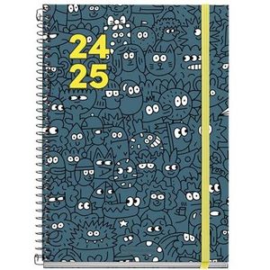 Miquelrius Doodle Agenda scolaire 2024-2025 septembre 2024 à juin 2025, dimensions 155 x 215 mm, un jour par page, couverture en carton doublé, reliure spirale métallique noire, espagnol et anglais