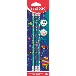 Maped - Crayons Graphite HB #2 Pixel Party - Crayons à Papier avec Embout Gomme - Forme Triangulaire Ergonomique - Blister de 6 Crayons Papier