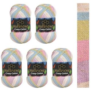 Wollbiene Crazy Cotton Batik 5 x 100 g, elk 500 gram met kleurverloop, 55% katoen, meerkleurig, wol voor breien en haken (6060 lila, roze, groen)