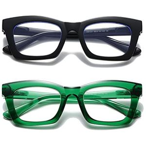 Hubeye 2 Pack Leesbril Vrouwen Rechthoekige Retro Mode Bril Anti Blauw Licht Bril met Stoffen Case 1.00