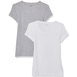 Amazon Essentials Set van 2 T-shirts voor dames met korte mouwen en ronde hals, slim fit, wit/lichtgrijs gemêleerd, maat XL