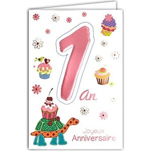 Age Mv 69-2001 wenskaart voor de 1e verjaardag, voor meisjes, motief: schildpad, cake, cupcakes, bloemen
