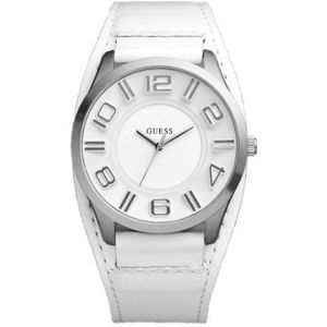 Guess - W12624G1 – herenhorloge – kwarts analoog – zilveren wijzerplaat – armband leer wit, zilver/wit, riem, Zilver/Wit, riem