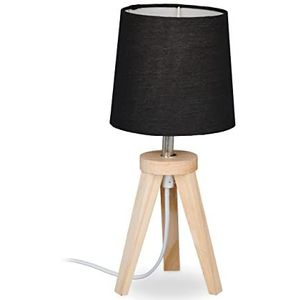 Relaxdays Tafellamp met drie poten van hout en stof E14 Scandinavisch design H x D 31 x 14 cm bedlampje natuur/zwart
