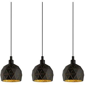 EGLO pendellamp ROCCAFORTE, 3 lichtbronnen pendelarmatuur, hanglamp van staal, kleur: zwart, goud, fitting: E14