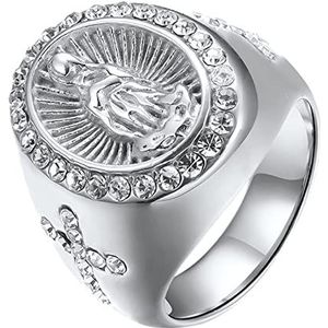 JewelryWe Retro roestvrijstalen ring voor heren, leeuwenmotief, kroon, maagd, kruis van Maria, zegelring, vingerring voor mannen en jongens, zilveren gravure, Roestvrij staal