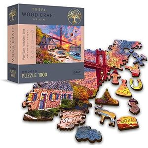 Trefl Houten puzzel zonsondergang op de Golden Gate - 1000 stukjes, houthandwerk, onregelmatige vormen, 100 figuren van monumenten en Amerikaanse symbolen hoogwaardige moderne puzzel