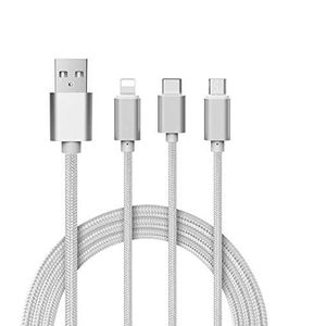 Shot Case 3-in-1 kabel voor Huawei Y6 2019 Android, Apple & Type C, adapter, micro-USB, Lightning 1, 5 m, metaal, nylon, zilverkleurig