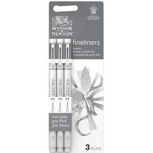 Winsor & Newton 0290108​ Pigment liner voor exacte lijnen en contouren, hoge kwaliteit, pigmentinkt, documentecht, licht, set van 3 fineliner in grijs