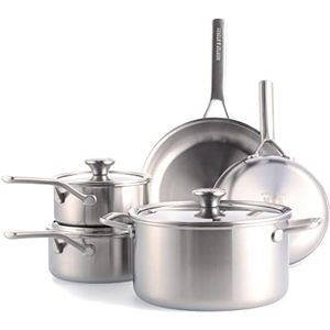 Merten & Storck Tri-Ply roestvrij staal, kookgerei van roestvrij staal, drie lagen, set met 8 pannen en potten, inclusief koekenpan, steelpan en pan, inductie, meerdere lagen, ovenbestendig, zilver